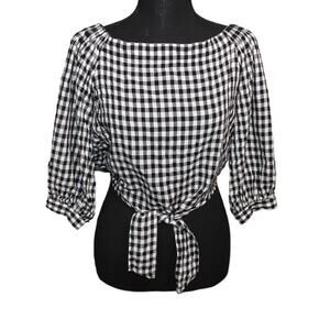 Forever 21 Black and White Gingham‎ Puff Sleeve Crop Top Womens Size S